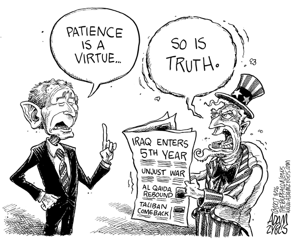 bush; patience; truth; virtue; iraq; 4 years
