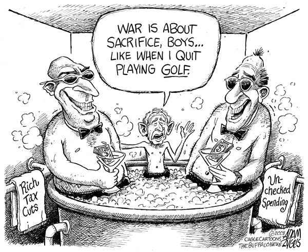 bush, golf, sacrifice, war time, iraq, war, tax cuts, rich, unchecked spending, budget