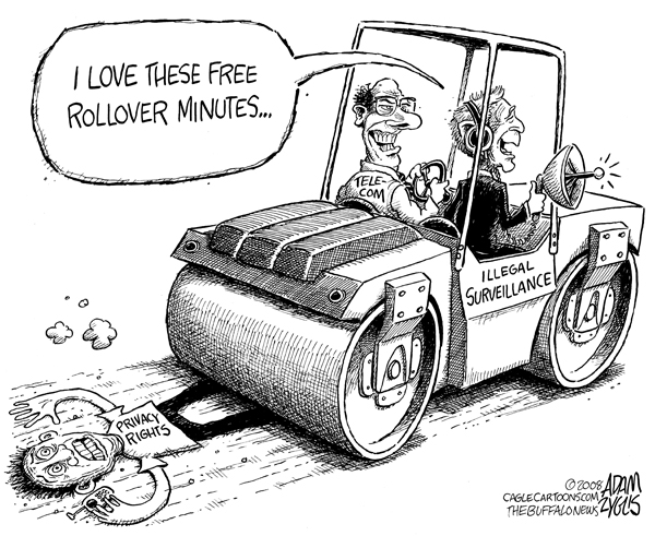 rollover minutes, bush, telecom, privacy rights, cell phone, wiretapping, illegal, surveillance, steamroller