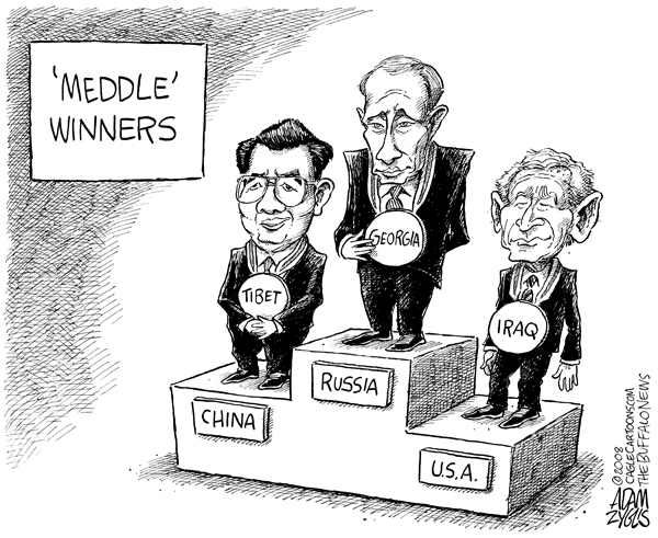 olympics, meddle, winners, metal, russia, china, usa, bush, putin, president, georgia, iraq, tibet