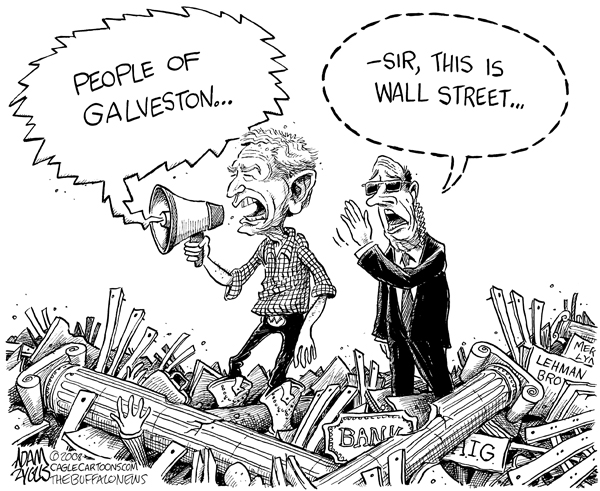 bush, galveston, texas, hurricane, devastation, wall street, banks, crash, aig, lehman brothers, merril lynch, recession, economy